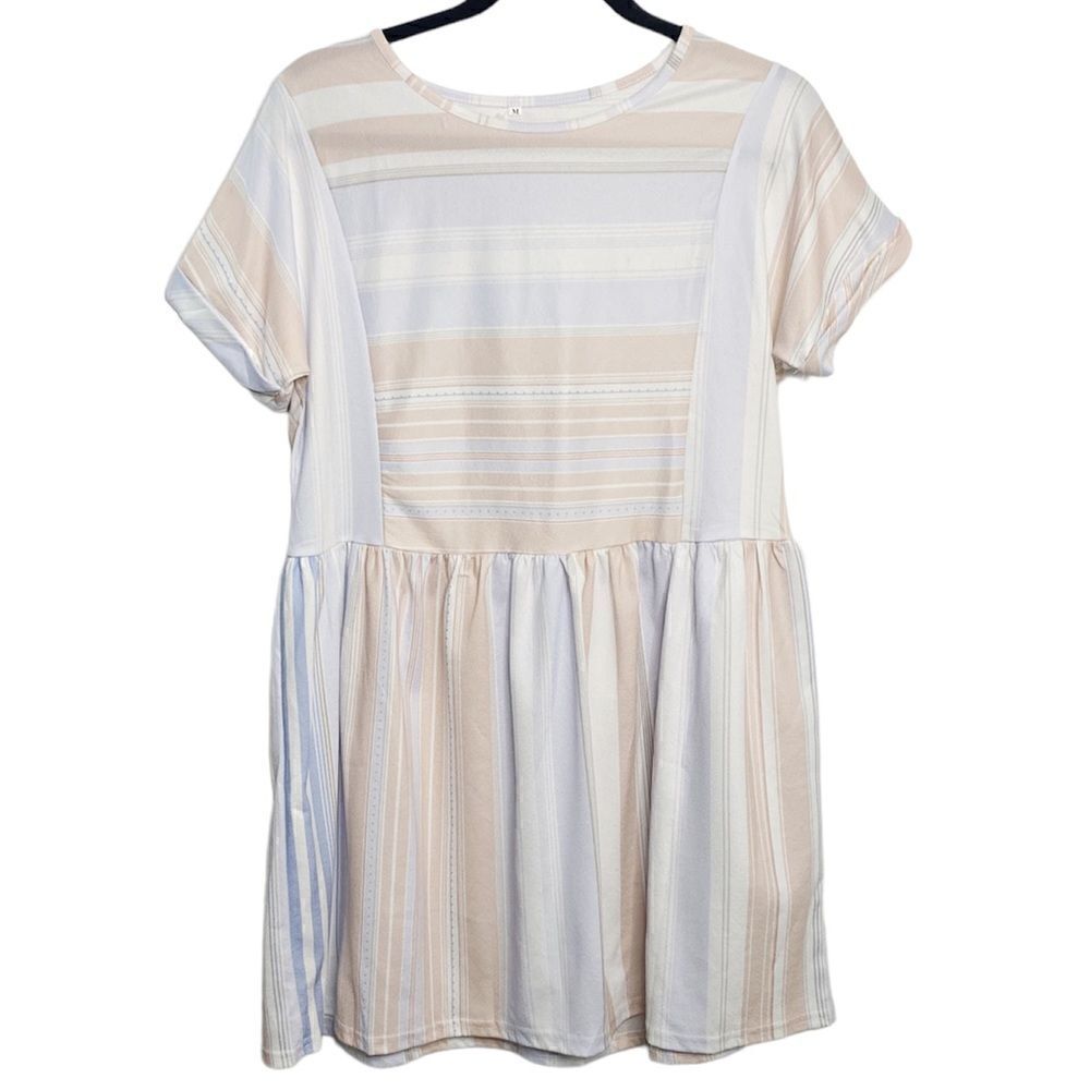 Pastel Striped Short Sleeve Mini Babydoll Dress Pink and Purple Medium
